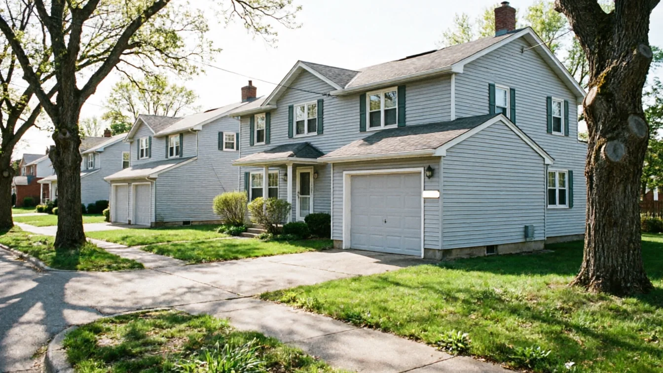 A row of light blue houses with single garage doors lines a tree-lined street.