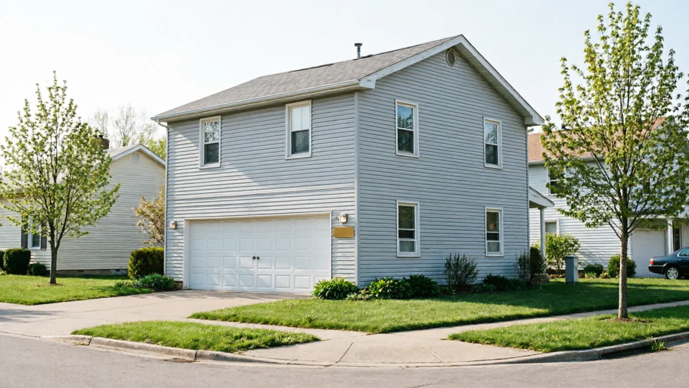 A light blue house with a white garage door sits on a corner lot.