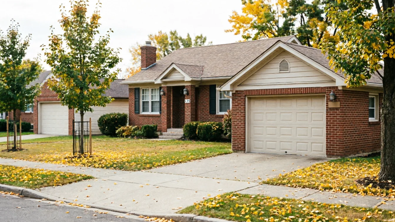A brick house with a beige garage door and autumn leaves on the lawn.