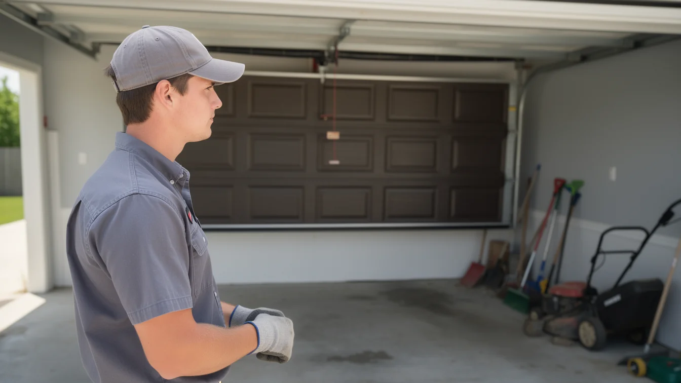 A technician in a gray uniform and cap stands in a garage with a brown door.