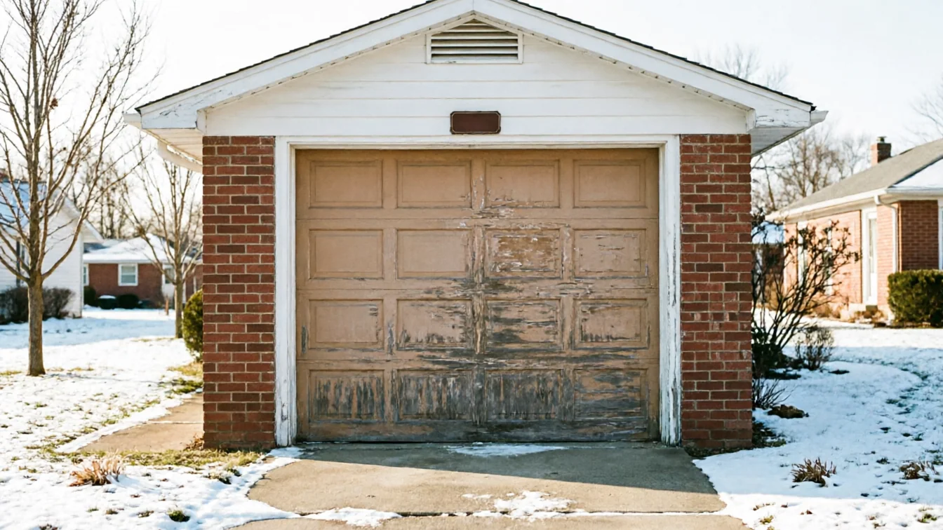 The garage door is tan with peeling paint, set in a brick garage with snow on the ground.
