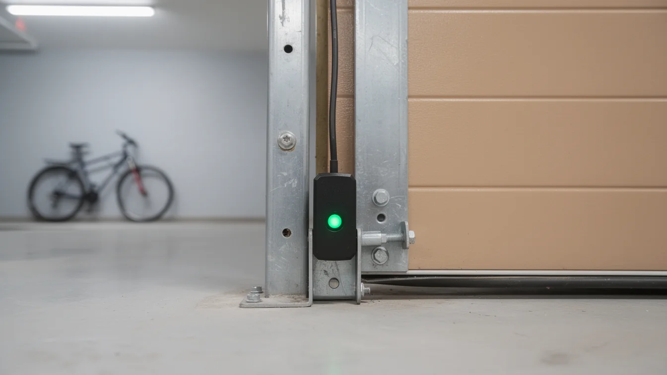 A garage door safety sensor with a green light is mounted on a metal track.