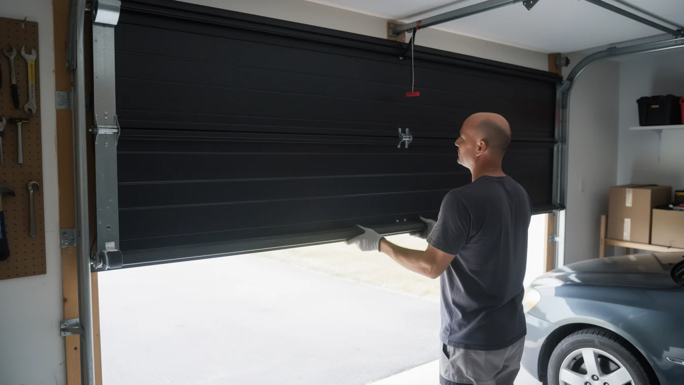 A technician in gloves is installing a black garage door.