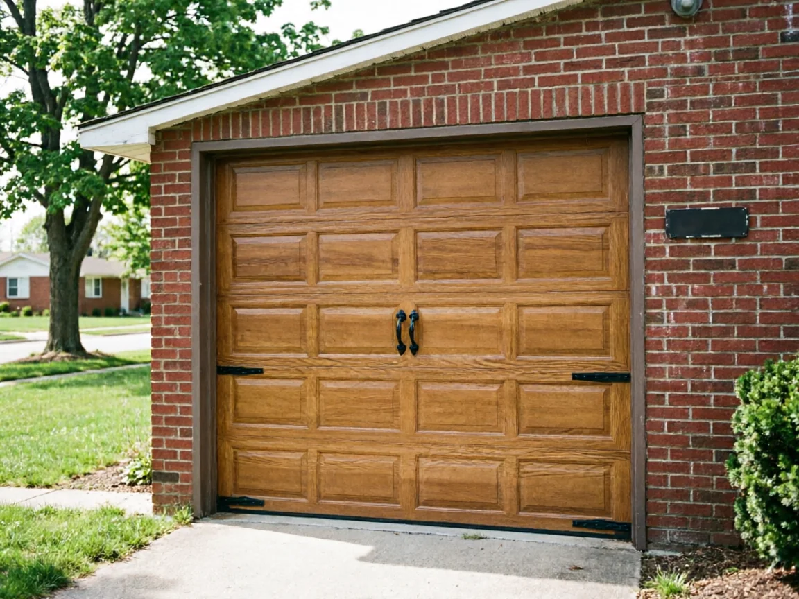 A light brown garage door with black handles is set in a red brick wall.